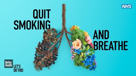 The photograph is titled 'Quit smoking and breathe'. There are some plants that make up a set of lungs, one side is healthy flowers and the other is dried up flowers.