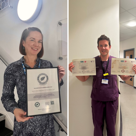 Man wearing purple healthcare scrubs holding two certificates. Woman smiling and holding a framed certificate