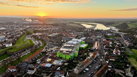 An view from the air of Berwick, with the under-development hospital in the centre.