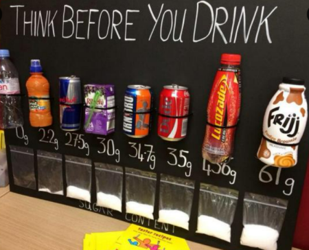 Various sugary drinks with their sugar content in a bag below each bottle.